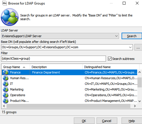 Browse for LDAP Groups dialog with the Finance Group selected.